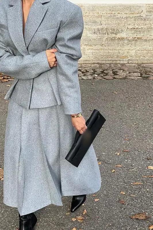 Grey Suits Woolen Blazer and Skirt