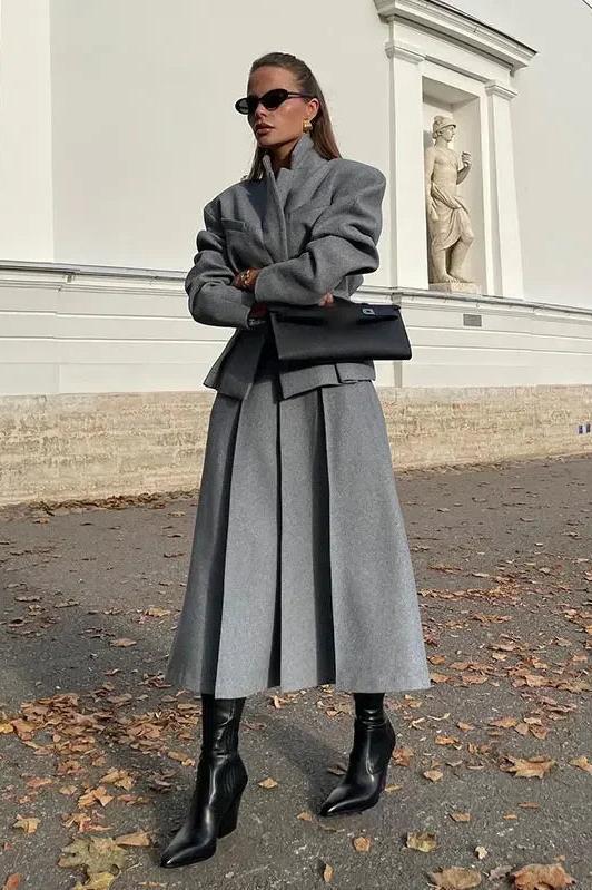 Grey Suits Woolen Blazer and Skirt