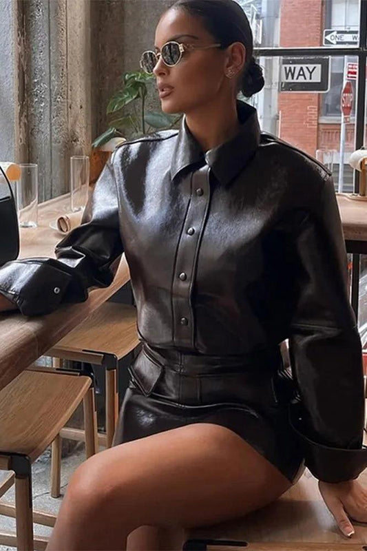 PU Leather Jackets Short Skirt Sets