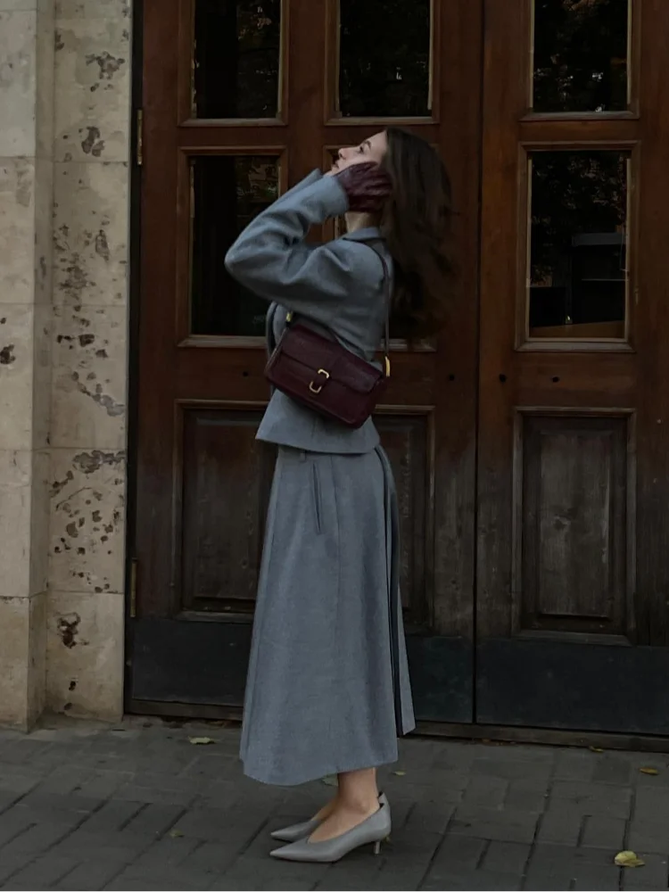 Grey Suits Woolen Blazer and Skirt