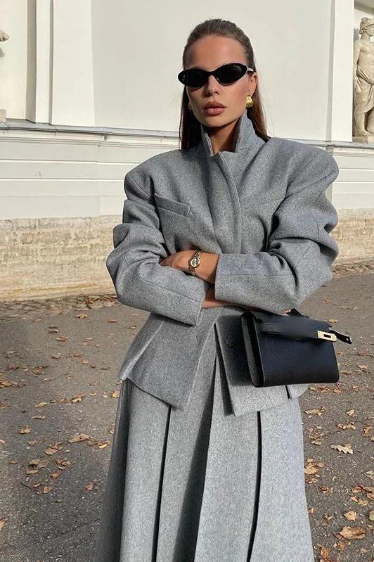 Grey Suits Woolen Blazer and Skirt