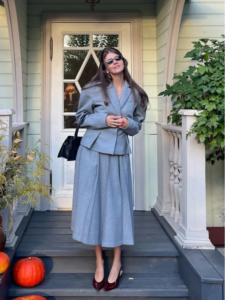 Grey Suits Woolen Blazer and Skirt