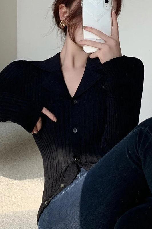 Black Knitted Cardigans Slim Fit Long Sleeve Top