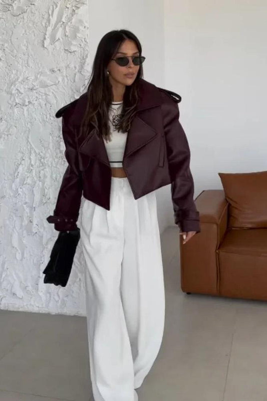 Burgundy Cropped Leather Jacket