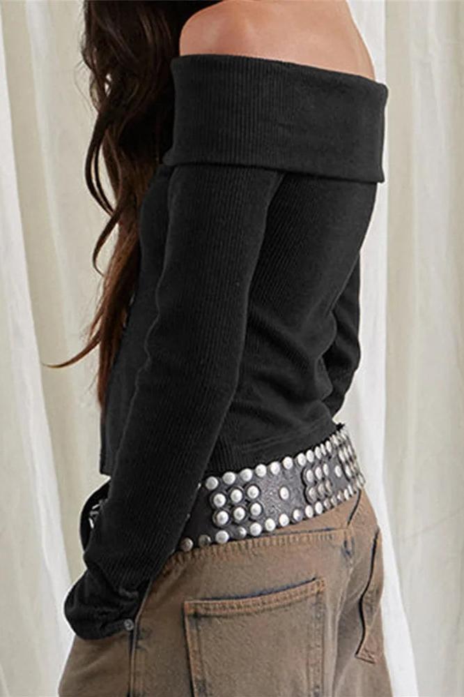 Long Sleeve Neck Off-shoulder Tops Buttons Closure Solid Slim Fit